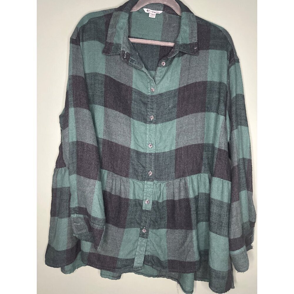American Eagle Size L Plaid Button Down Blouse Ruffle Hem Boho Retro Y2K Vintage - Picture 5 of 8